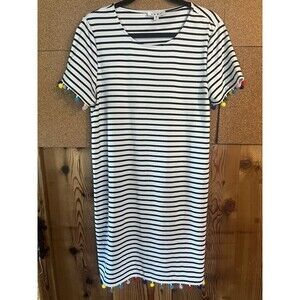 THML  Dress Black White Striped Dress Size Medium Pom Pom Detail On Sleeves Hem